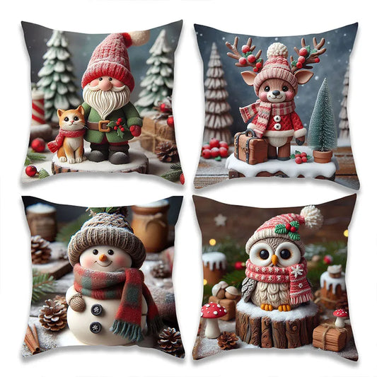 2024 Christmas Cartoon Pattern Velvet Throw Pillow Cases