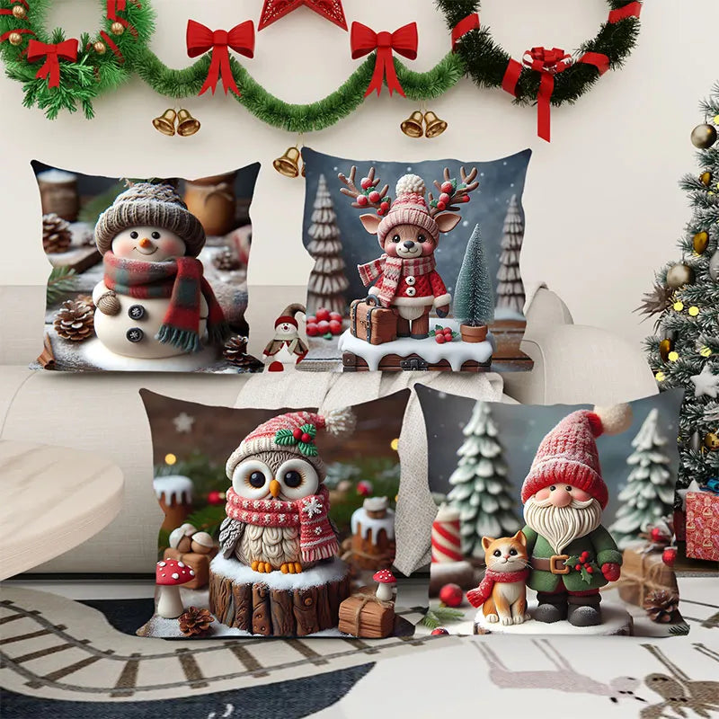 2024 Christmas Cartoon Pattern Velvet Throw Pillow Cases