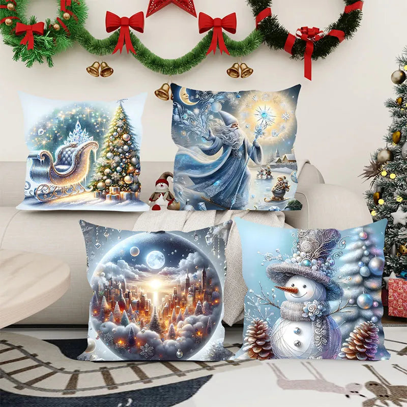 18x18 Blue Personalized Santa Pattern Pillow Covers Set