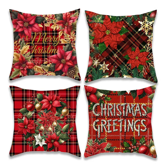 Christmas Poinsettia Plaid Pillowcase