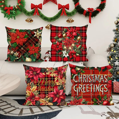 Christmas Poinsettia Plaid Pillowcase