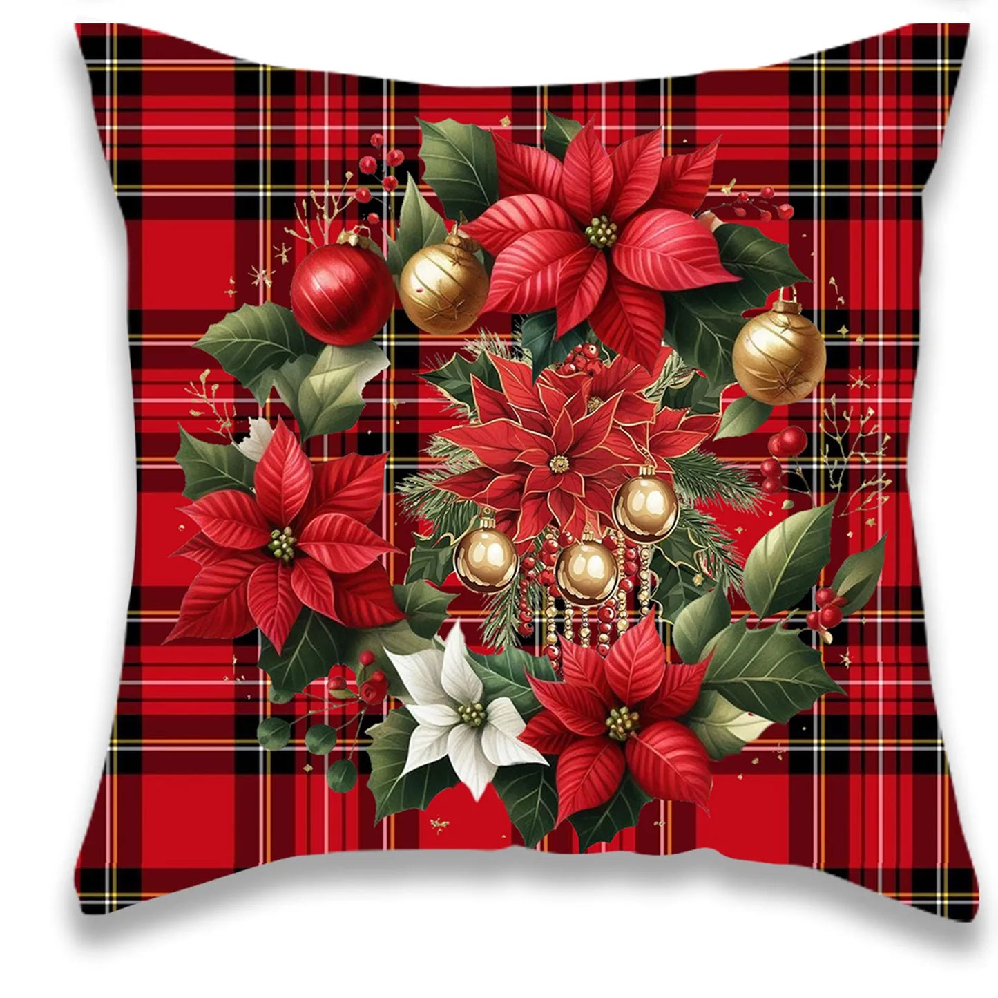 Christmas Poinsettia Plaid Pillowcase