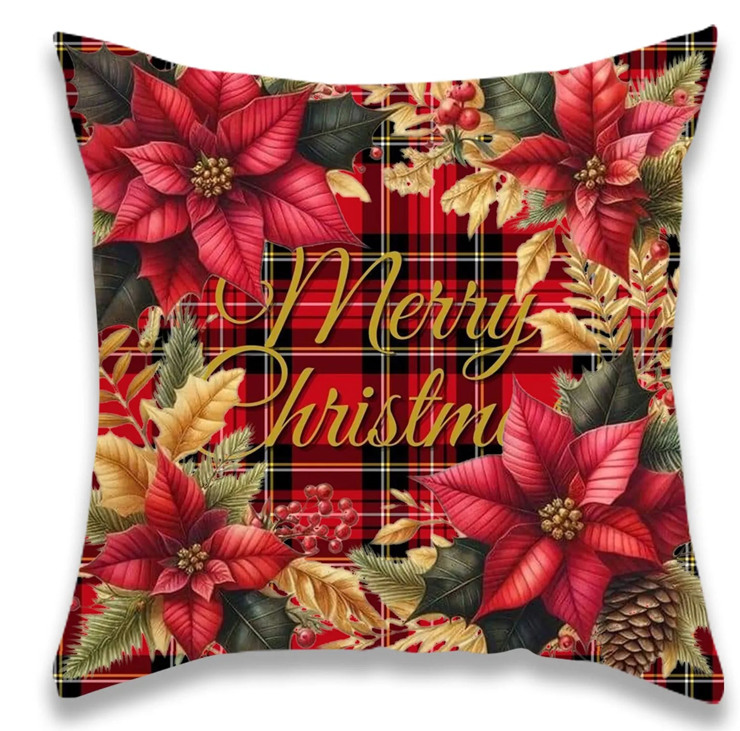 Christmas Poinsettia Plaid Pillowcase