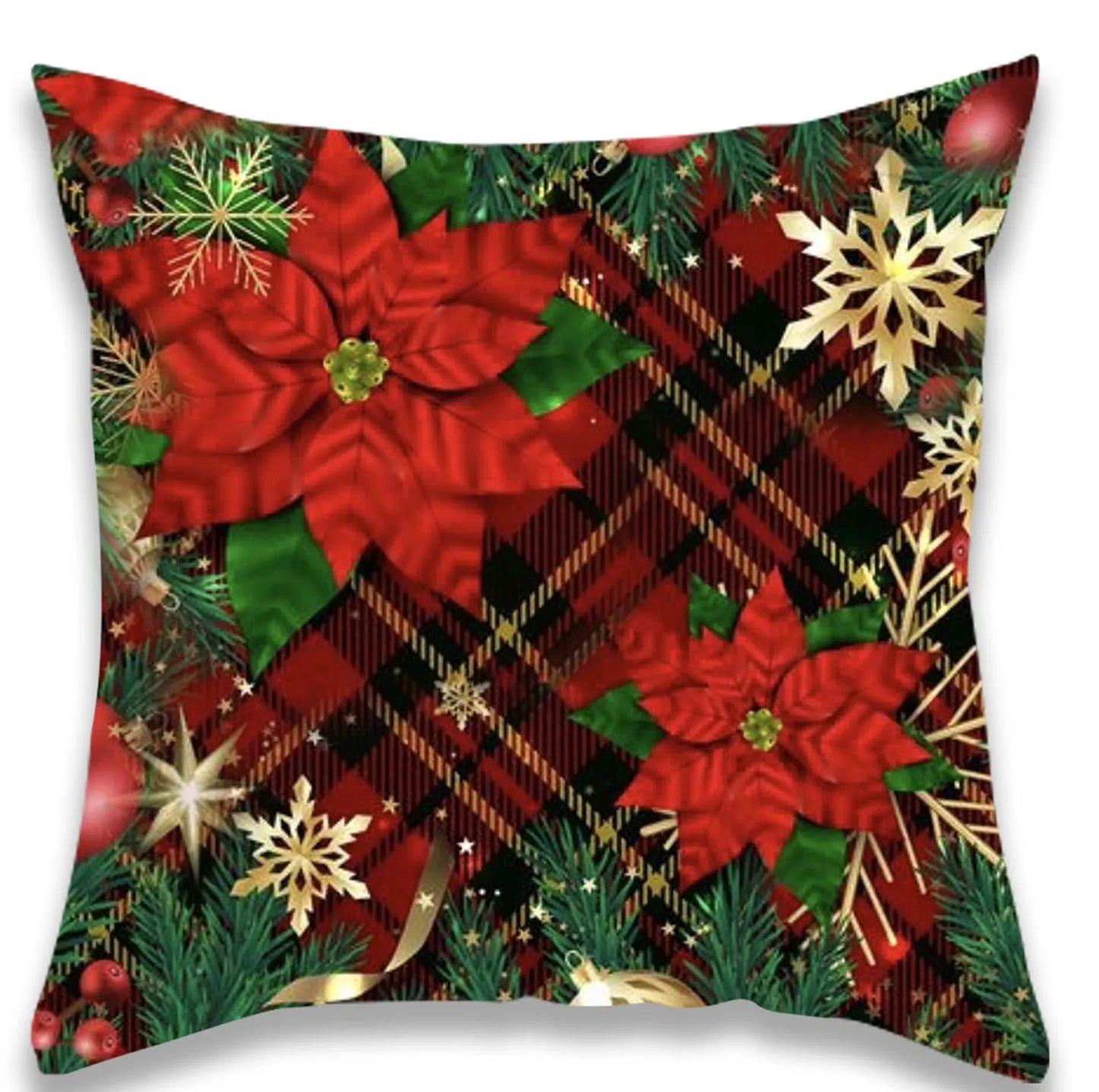 Christmas Poinsettia Plaid Pillowcase