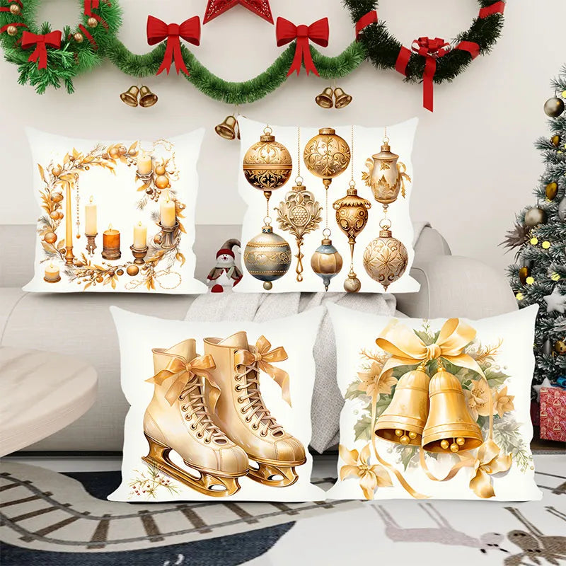 Gold Wreath Bell Christmas Pillow Case