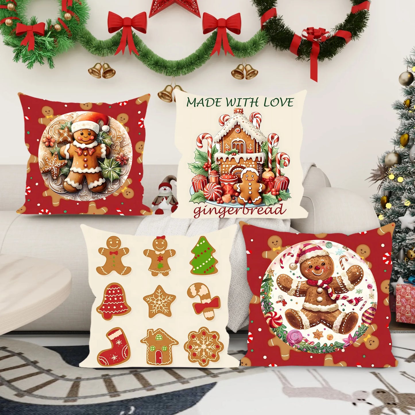 Christmas Red and Gingerbread Pillow Cover